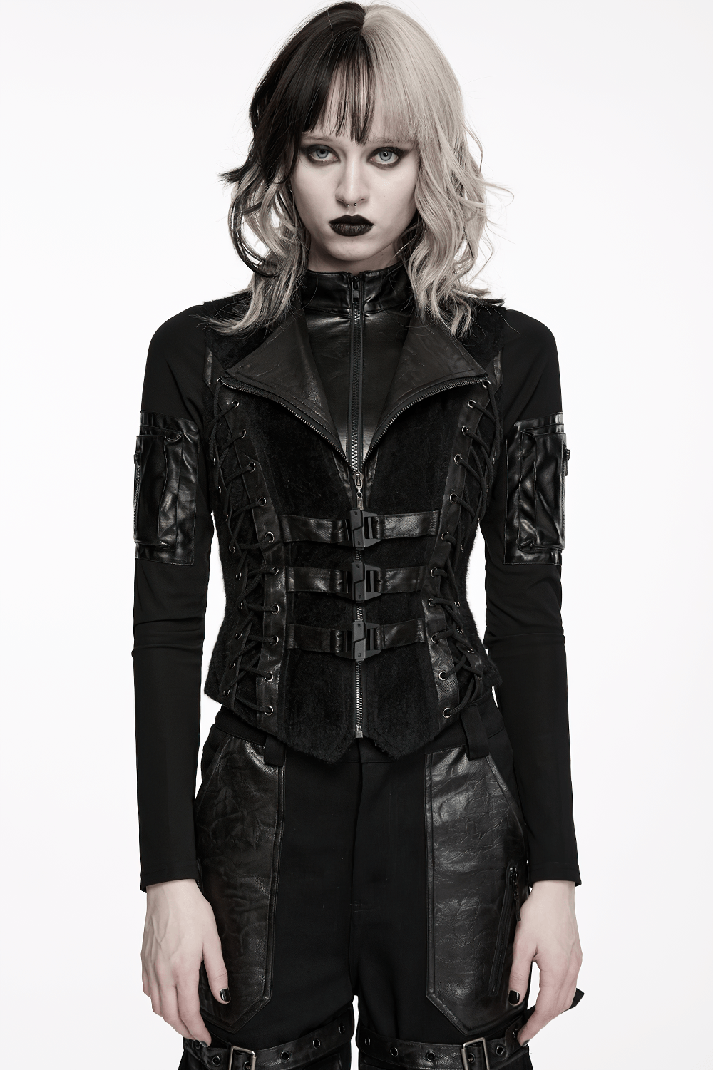 Black Gothic Utility Vest with Buckles and Corset Lacing showcased on a model with striking punk style.