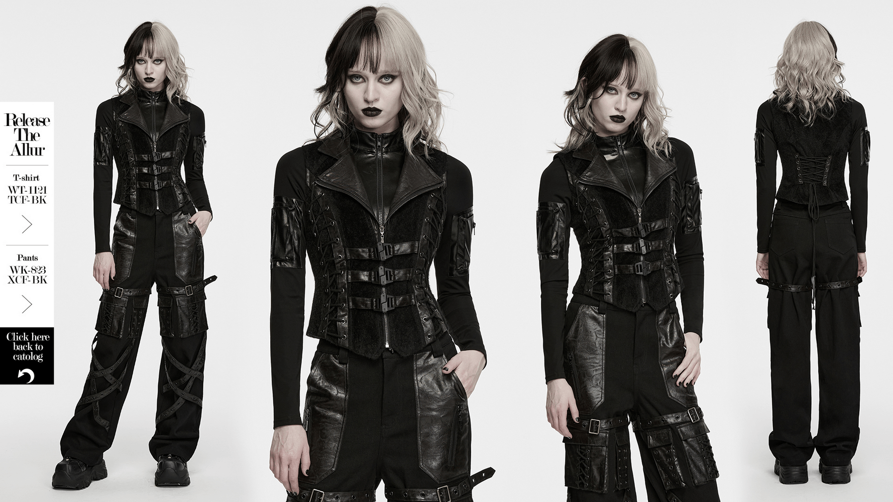 Black Gothic Utility Vest with Buckles and Corset Lacing showcased in stylish punk outfit.
