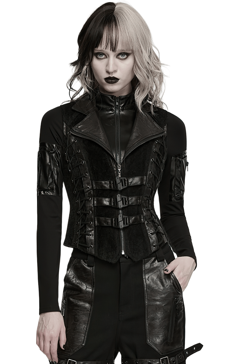 Black Gothic Utility Vest with Buckles and Corset Lacing worn by a model, showcasing its punk style and detailing.