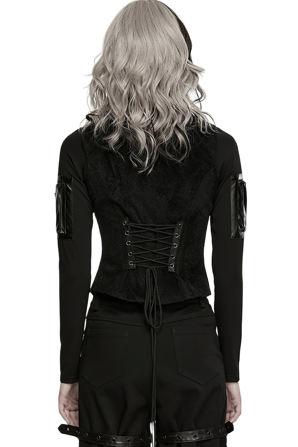 Back view of a model wearing a Black Gothic Utility Vest with Buckles and Corset Lacing, highlighting the lacing detail.