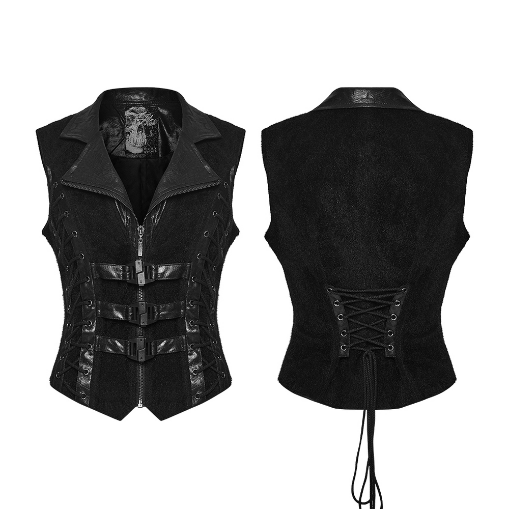 Black Gothic Utility Vest with Buckles and Corset Lacing showcasing front zipper and side lacing for a punk look.