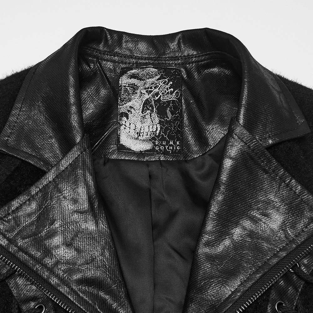 Black Gothic Utility Vest with Buckles and Corset Lacing interior view showcasing plush fabric and skull label.