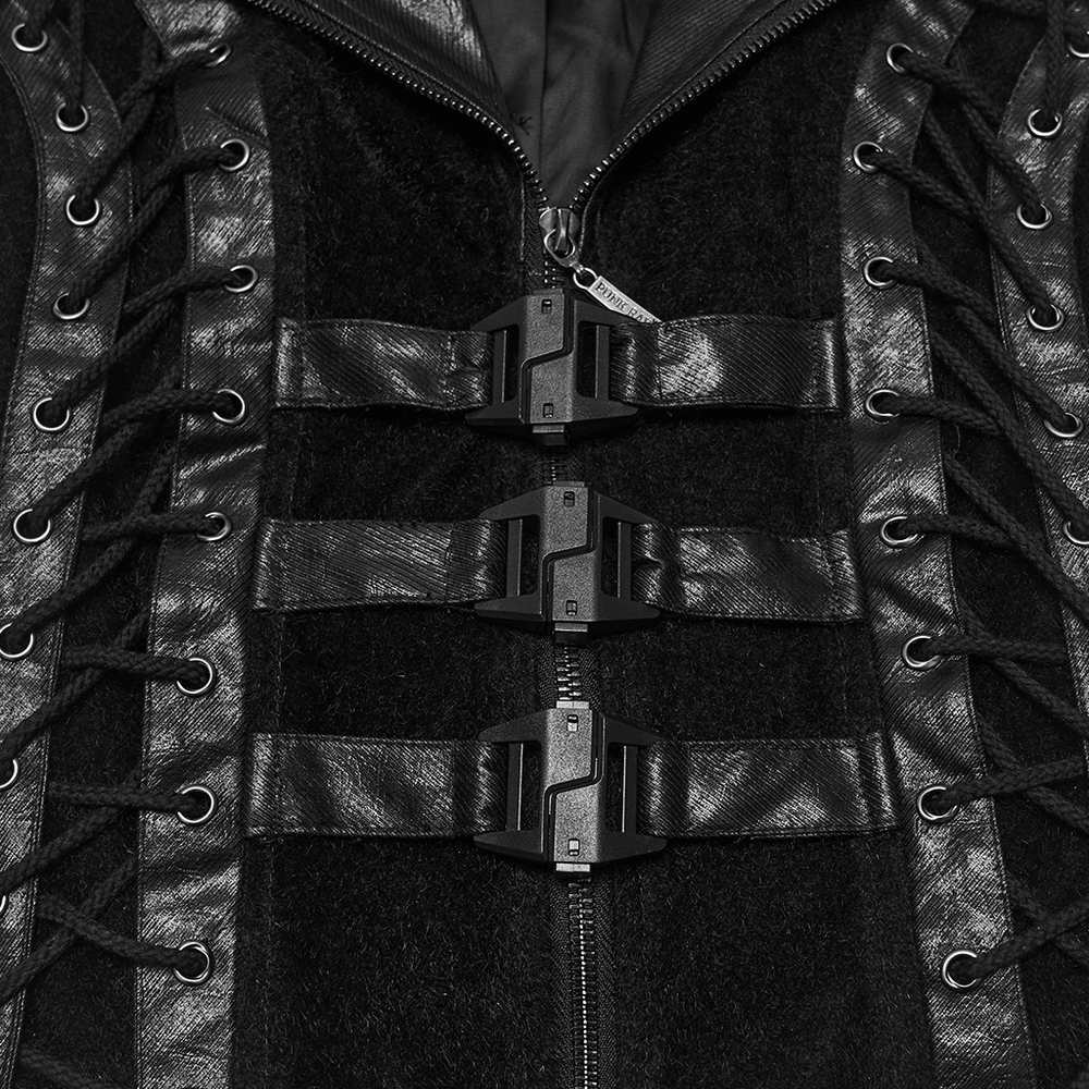 Black Gothic Utility Vest with Buckles and Corset Lacing showcasing lace-up sides and buckle details.