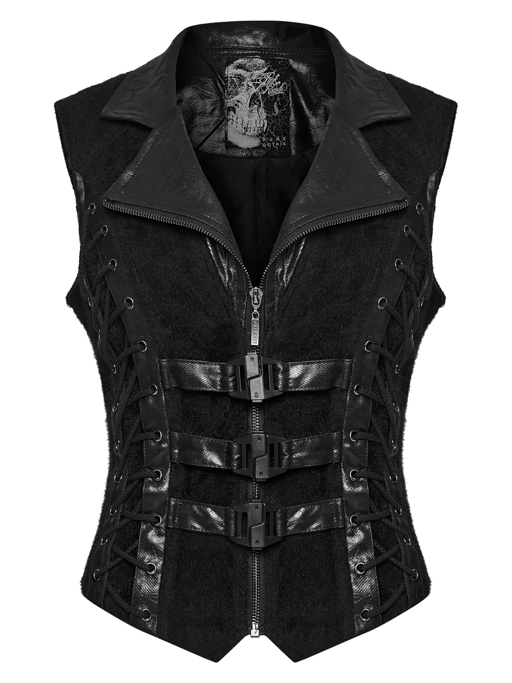 Black Gothic Utility Vest with Buckles and Corset Lacing featuring a fitted waist and structured lapel.