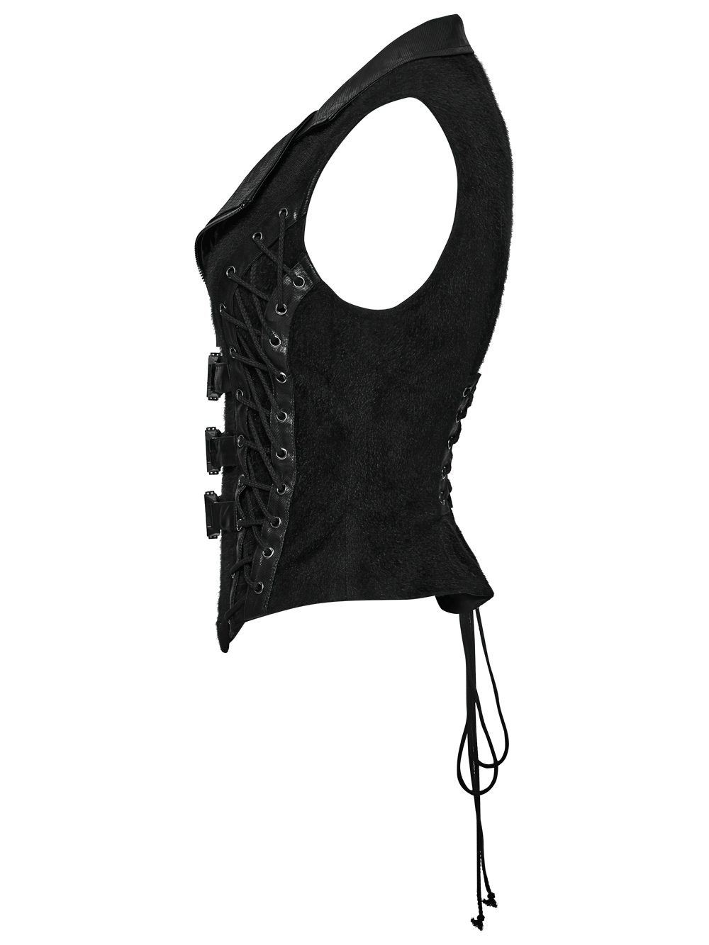 Black Gothic Utility Vest with Buckles and Corset Lacing showcasing side lacing and structured lapel for a punk vibe.