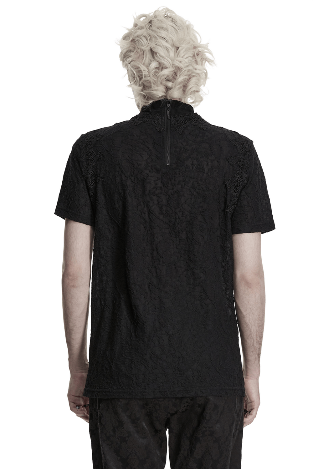 Back view of Black Gothic V Neck T-Shirt with Pleated High Collar, showcasing its unique design and texture.