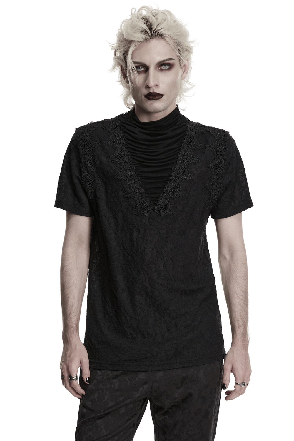 Black Gothic V Neck T-Shirt with Pleated High Collar worn by a model with a striking look.