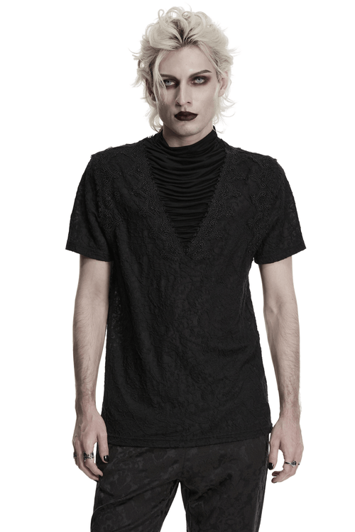 ブラックゴシックVネックTシャツ プリーツ付きハイカラー