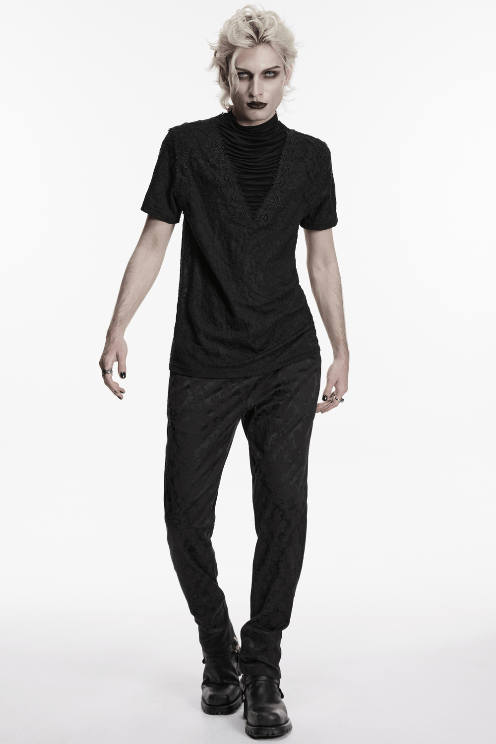 Black Gothic V Neck T-Shirt with Pleated High Collar showcased on a model posing in stylish black pants.