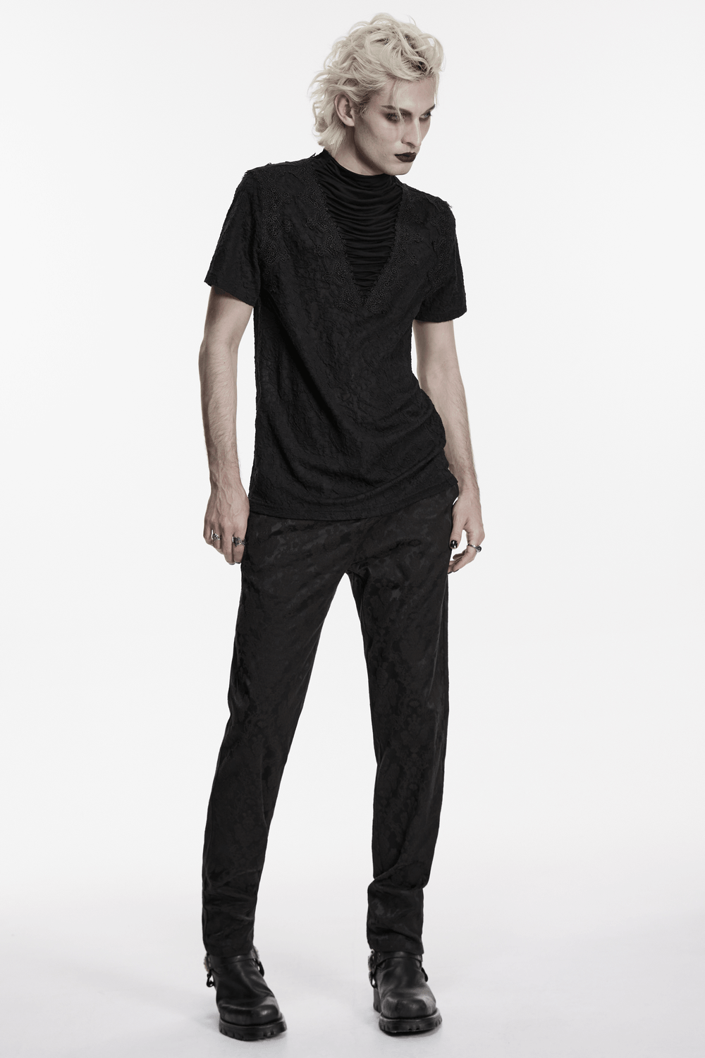 Black Gothic V Neck T-Shirt with Pleated High Collar worn by model, showcasing an edgy gothic style.