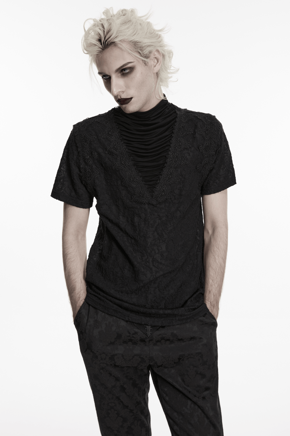 Black Gothic V Neck T-Shirt with Pleated High Collar worn by model, showcasing dark fashion style.