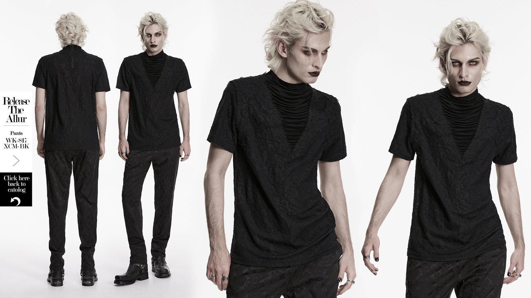 Black Gothic V Neck T-Shirt with Pleated High Collar worn by a model in a high-fashion setting.
