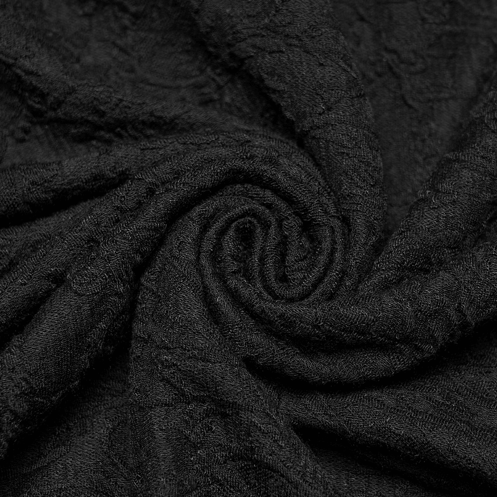 Black Gothic V Neck T-Shirt with Pleated High Collar fabric detail in black swirling texture