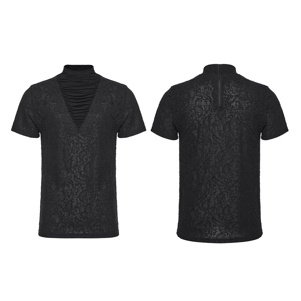 Black Gothic V Neck T-Shirt with Pleated High Collar showcasing a stylish lace design from front and back views.