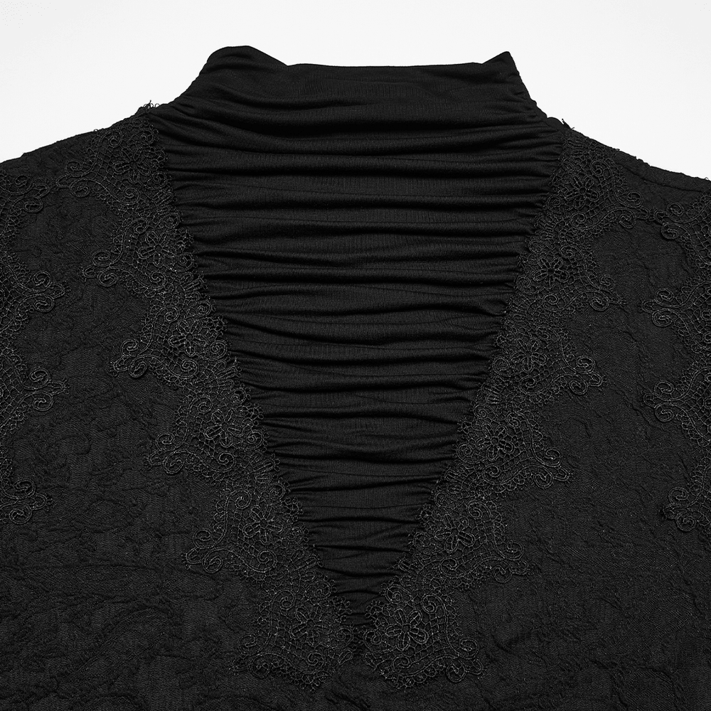 Black Gothic V Neck T-Shirt with Pleated High Collar showcasing intricate lace details and stylish pleated high collar.