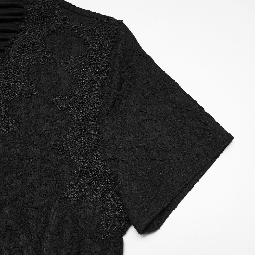 Black Gothic V Neck T-Shirt with Pleated High Collar featuring detailed lace and unique pleated collar design.