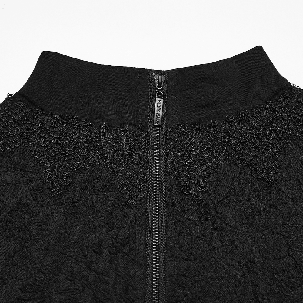 Black Gothic V Neck T-Shirt with Pleated High Collar, featuring intricate lace detailing and a stylish high collar design.