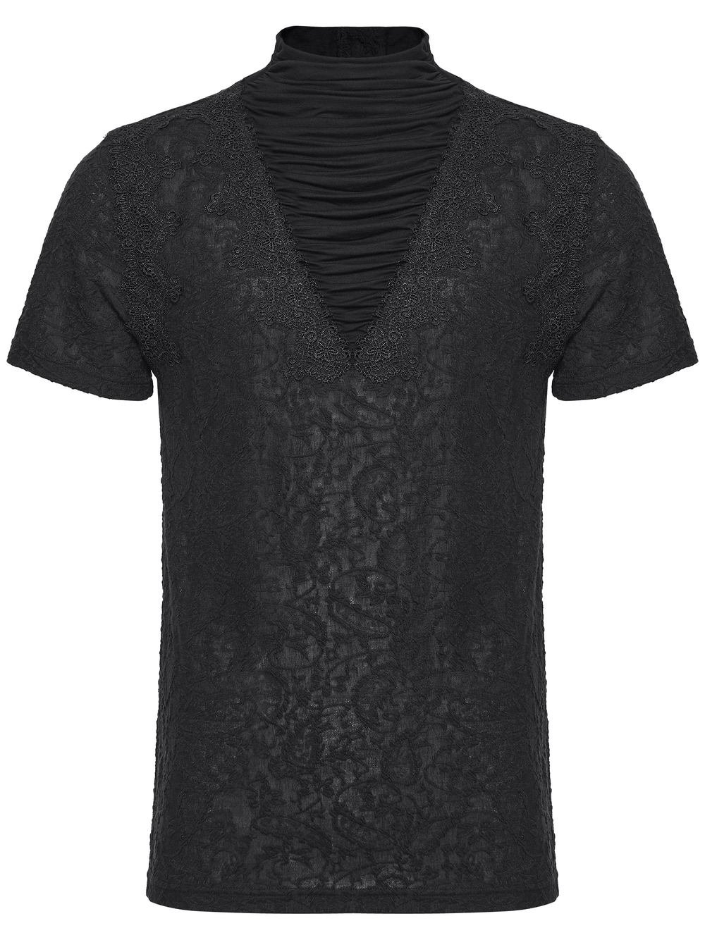 Black Gothic V Neck T-Shirt with Pleated High Collar displayed on a white background.