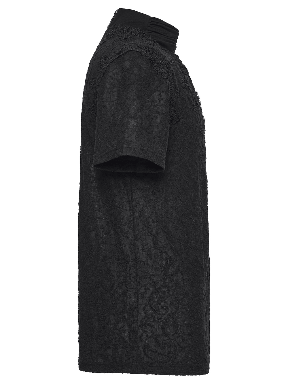 Black Gothic V Neck T-Shirt with Pleated High Collar side view showcasing unique texture and elegant design.