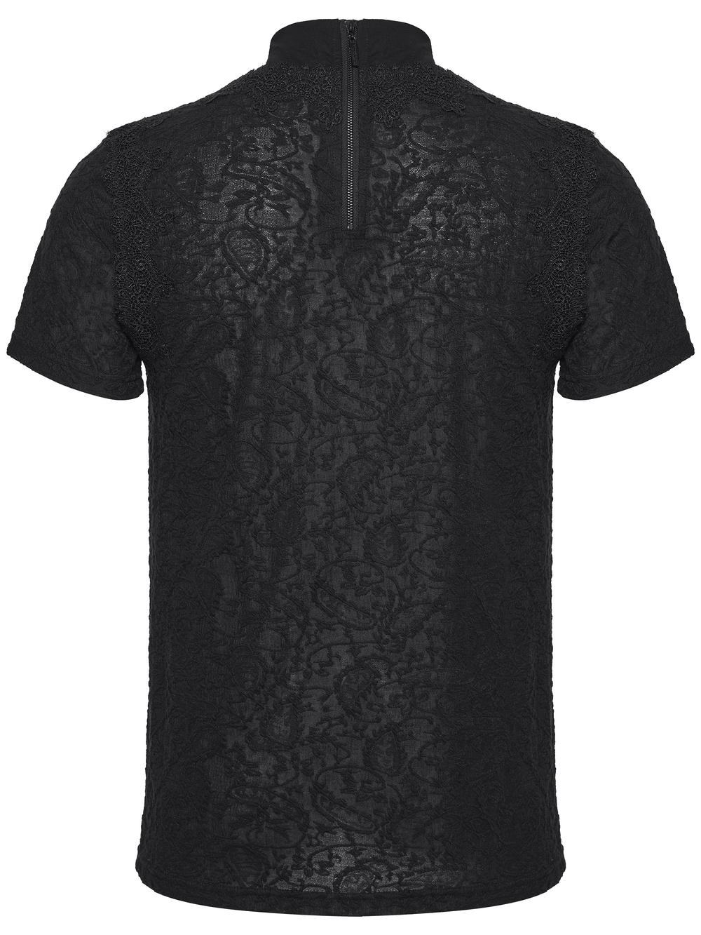 Back view of the Black Gothic V Neck T-Shirt with Pleated High Collar featuring a stylish lace design.