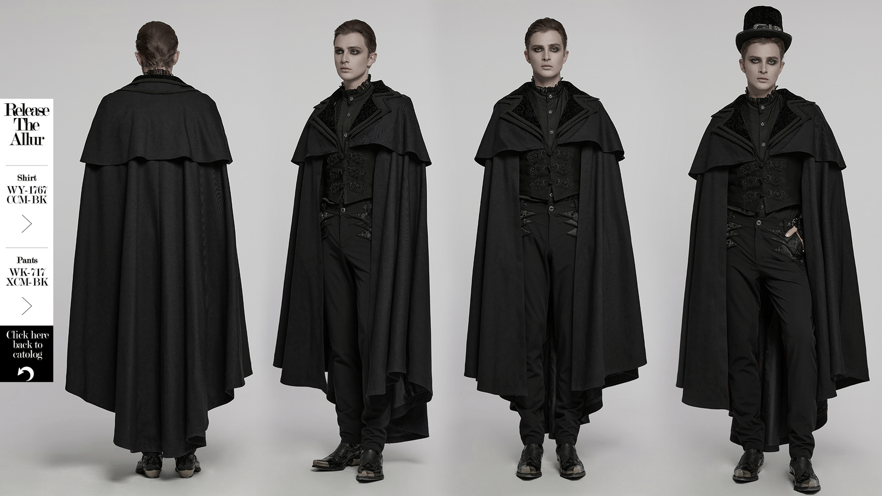 Black Gothic vampire cloak with double-layered collar, styled for retro goth fashion and dramatic elegance.