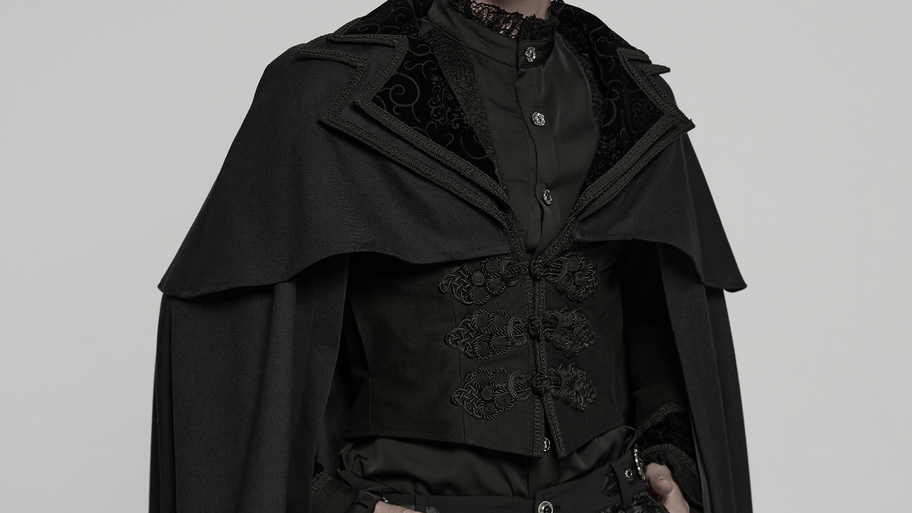 Elegant black gothic vampire cloak with double-layered collar and ornate buttons, perfect for cosplay and Victorian aesthetics.