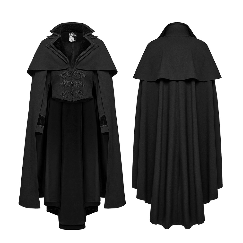 Black Gothic Vampire Cloak with double-layered collar and embossed velvet design for retro goth and cosplay.