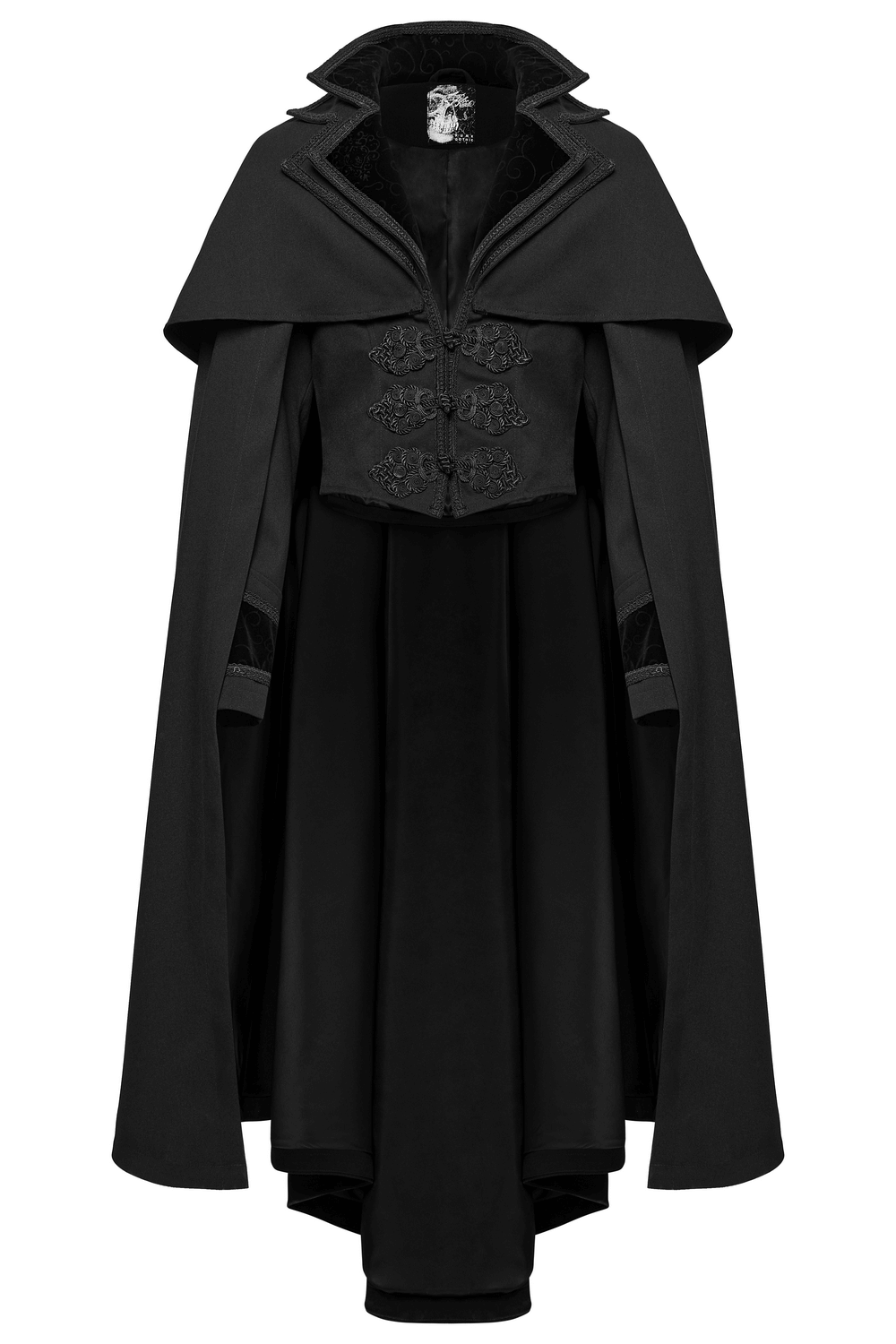 Black gothic vampire cloak featuring a double-layered collar and detailed buttons, perfect for cosplay and Victorian style.