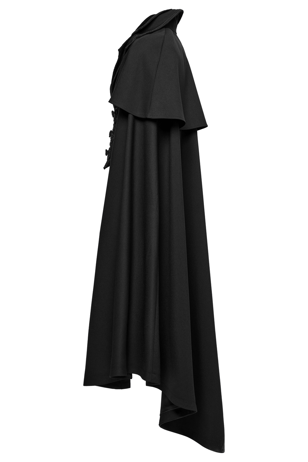 Black Gothic vampire cloak featuring a double-layered collar and elegant buttons, perfect for cosplay and Victorian style.