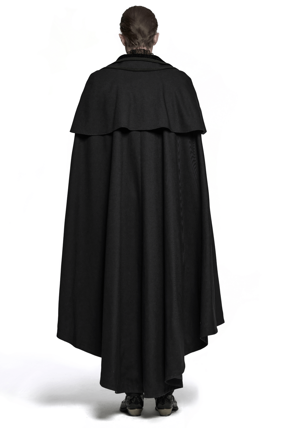 Black Gothic vampire cloak with double-layered collar and webbed edges, perfect for cosplay and Victorian-style outfits.