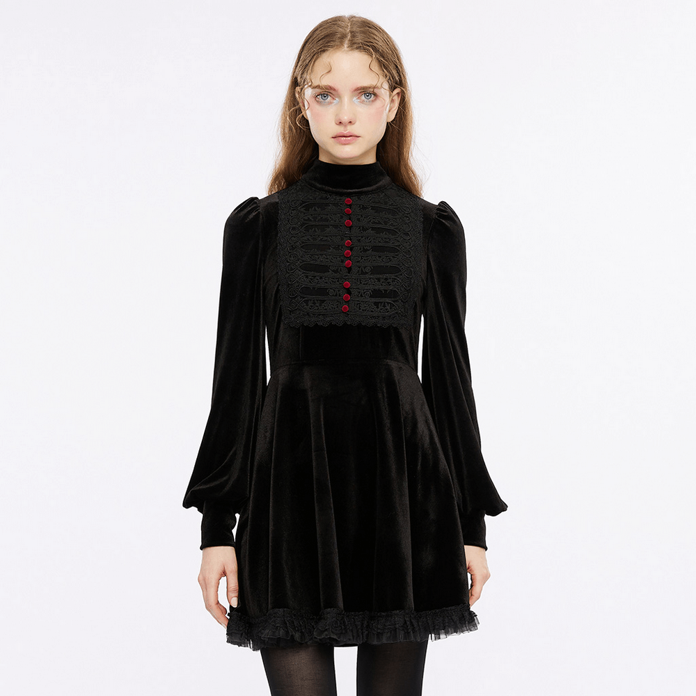 Black Gothic Velvet A-Line Dress with Court Collar and Lace
