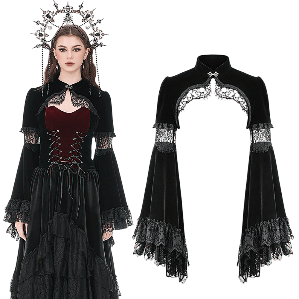 Black Gothic Velvet Cape with Bell Sleeves and Lace Trim, featuring lace inserts and a cropped silhouette for dramatic flair.