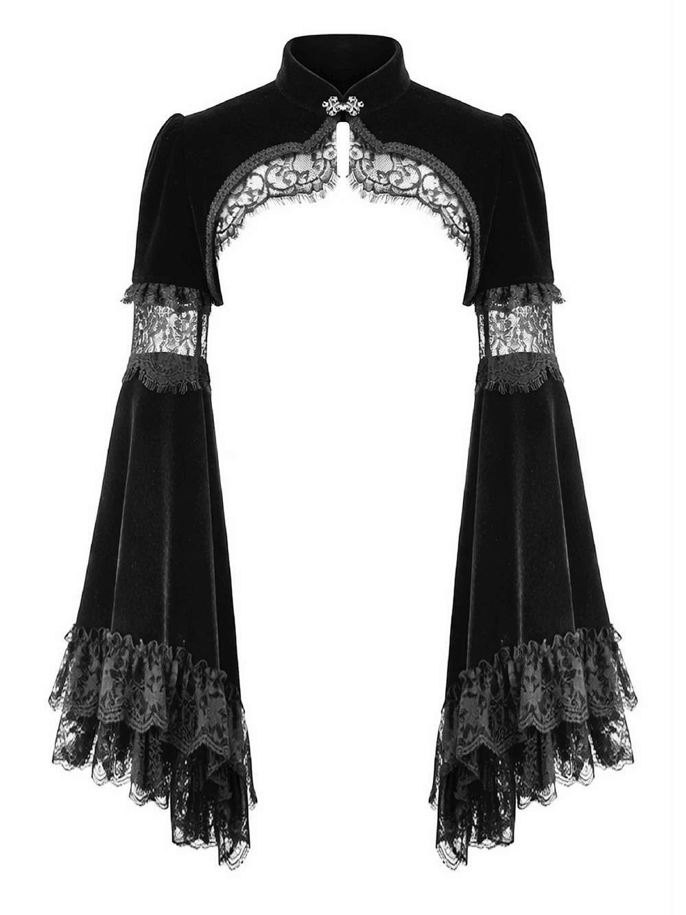 Black Gothic Velvet Cape with Bell Sleeves and Lace Trim featuring dramatic lace details and ornate cuffs.