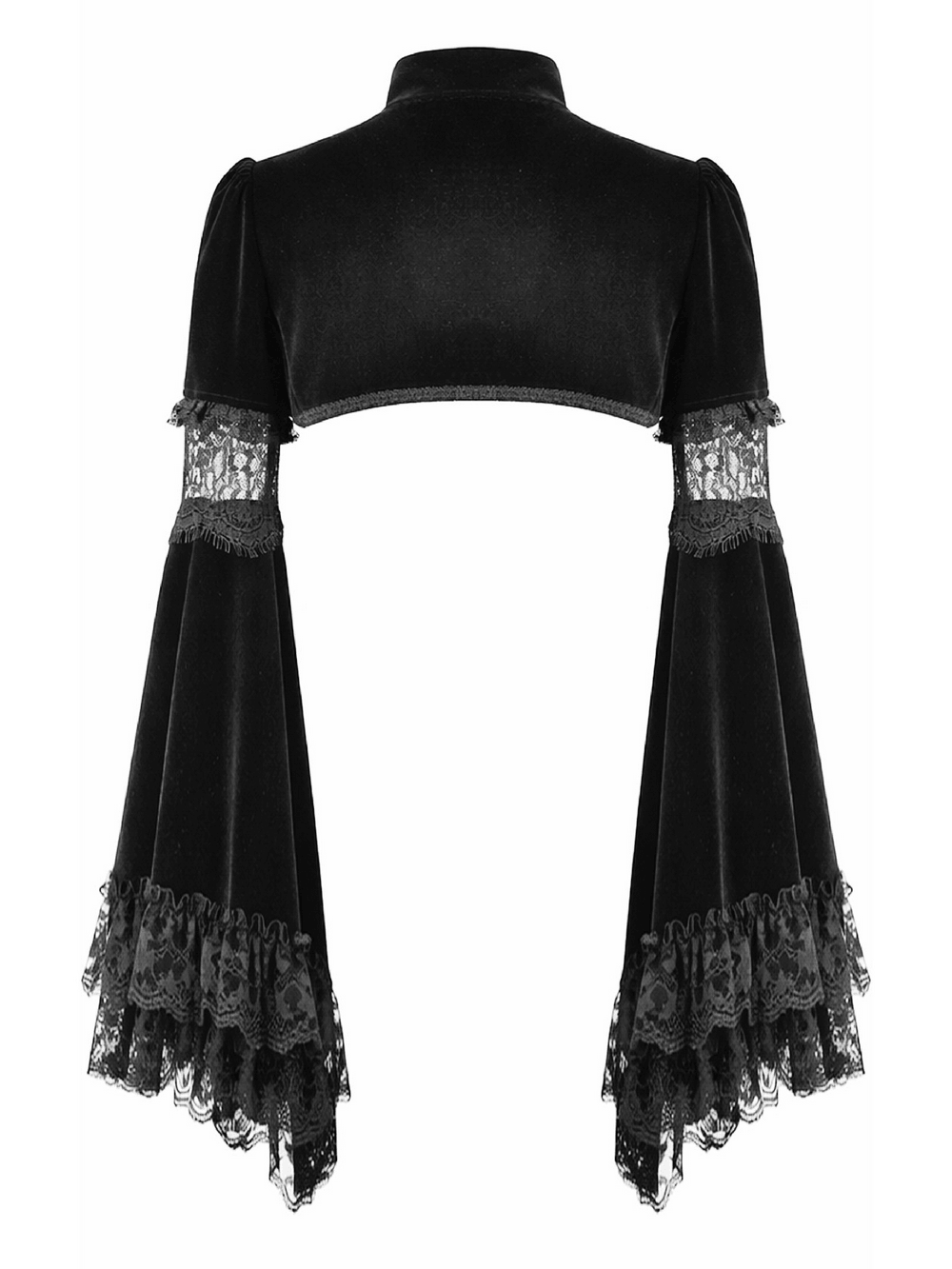 Black Gothic Velvet Cape with Bell Sleeves and Lace Trim showcasing dramatic bell sleeves and lace detail.
