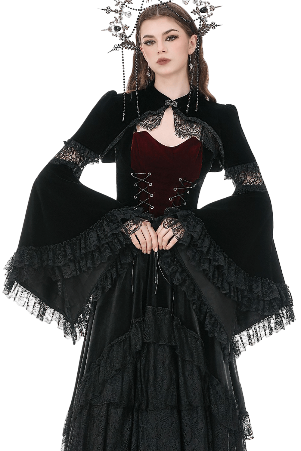 Black Gothic Velvet Cape with Bell Sleeves and Lace Trim showcasing dramatic bell sleeves and lace trim details.