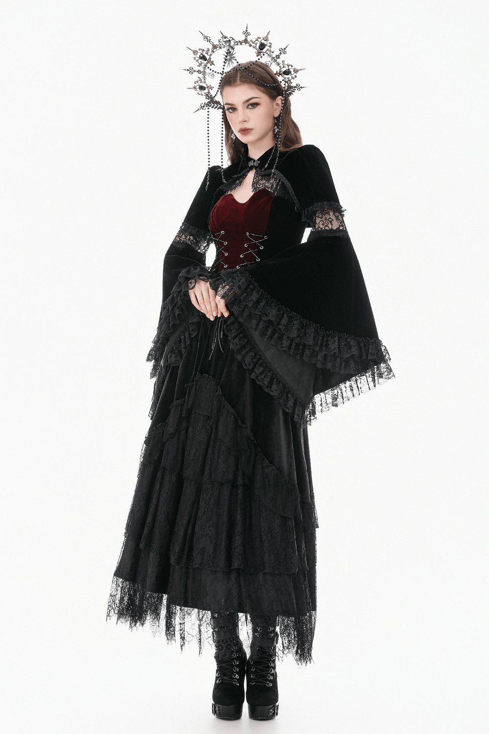 Black Gothic Velvet Cape with Bell Sleeves and Lace Trim, featuring dramatic bell sleeves and lace trim.