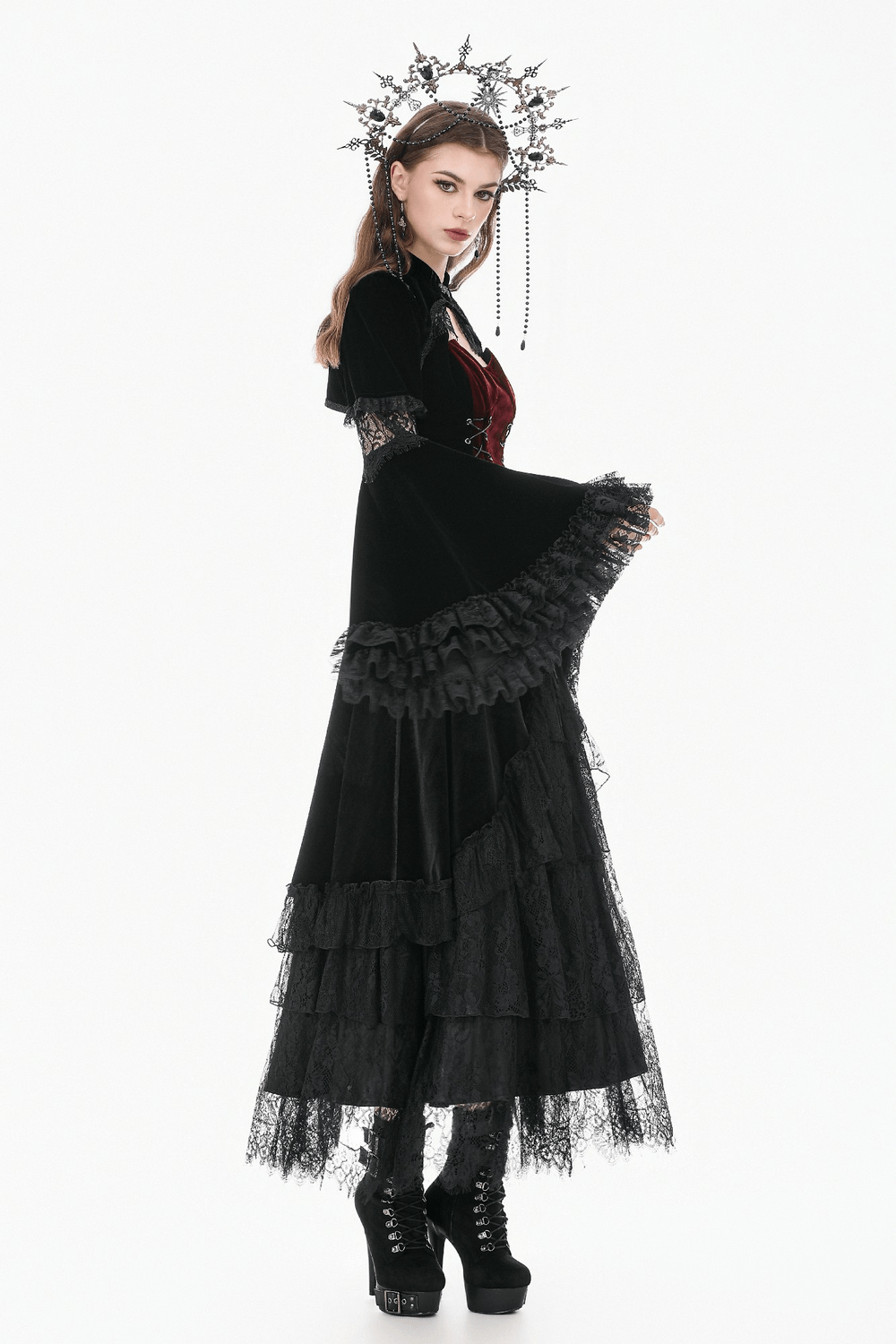 Black Gothic Velvet Cape with Bell Sleeves and Lace Trim on model with dramatic accessories and layered lace skirt.