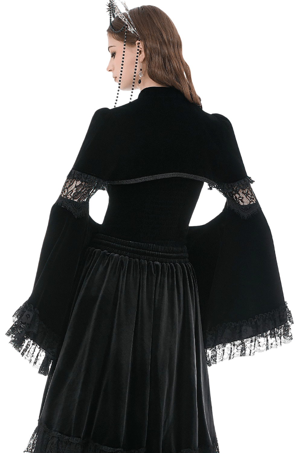 Black Gothic Velvet Cape with Bell Sleeves and Lace Trim worn with a dramatic black skirt and elegant lace cuffs.