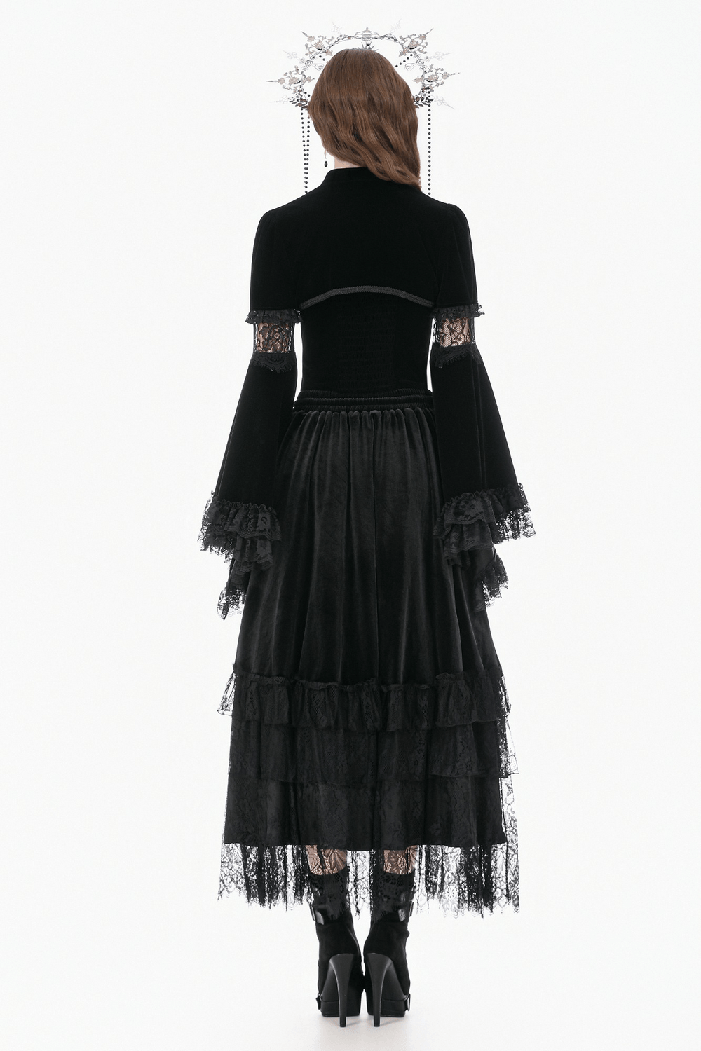 Black Gothic Velvet Cape with Bell Sleeves and Lace Trim showcasing elegant back design with intricate lace and dramatic sleeves.
