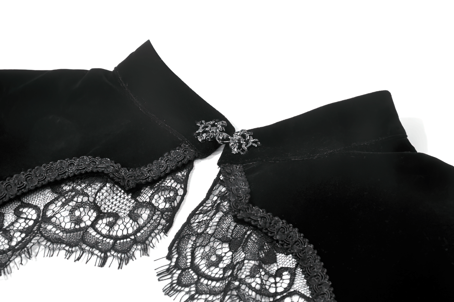 Black Gothic Velvet Cape with Bell Sleeves and Lace Trim featuring intricate lace details and a stylish clasp.