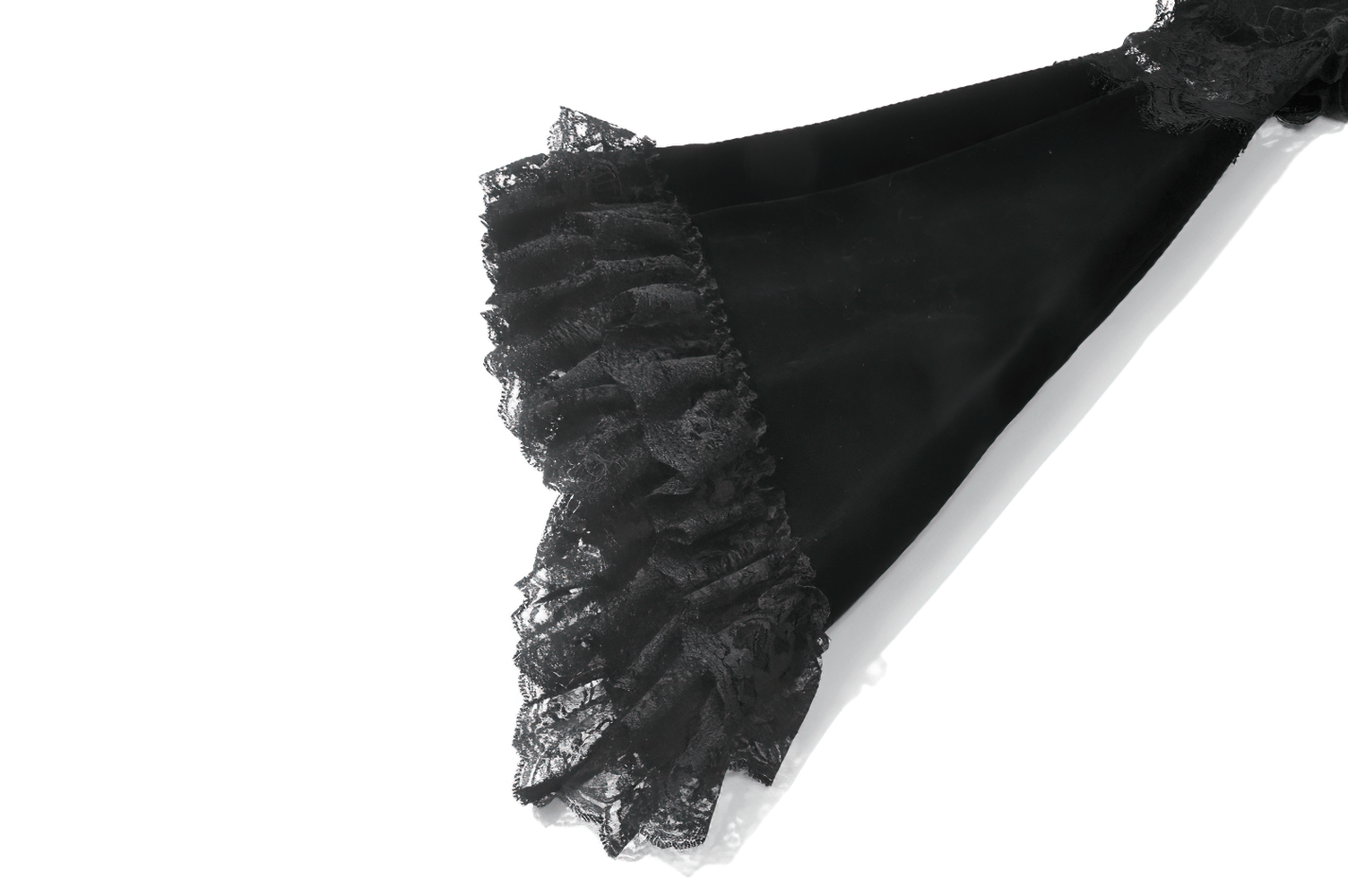 Black Gothic Velvet Cape with Bell Sleeves and Lace Trim - close-up of lace-trimmed bell sleeve detail.