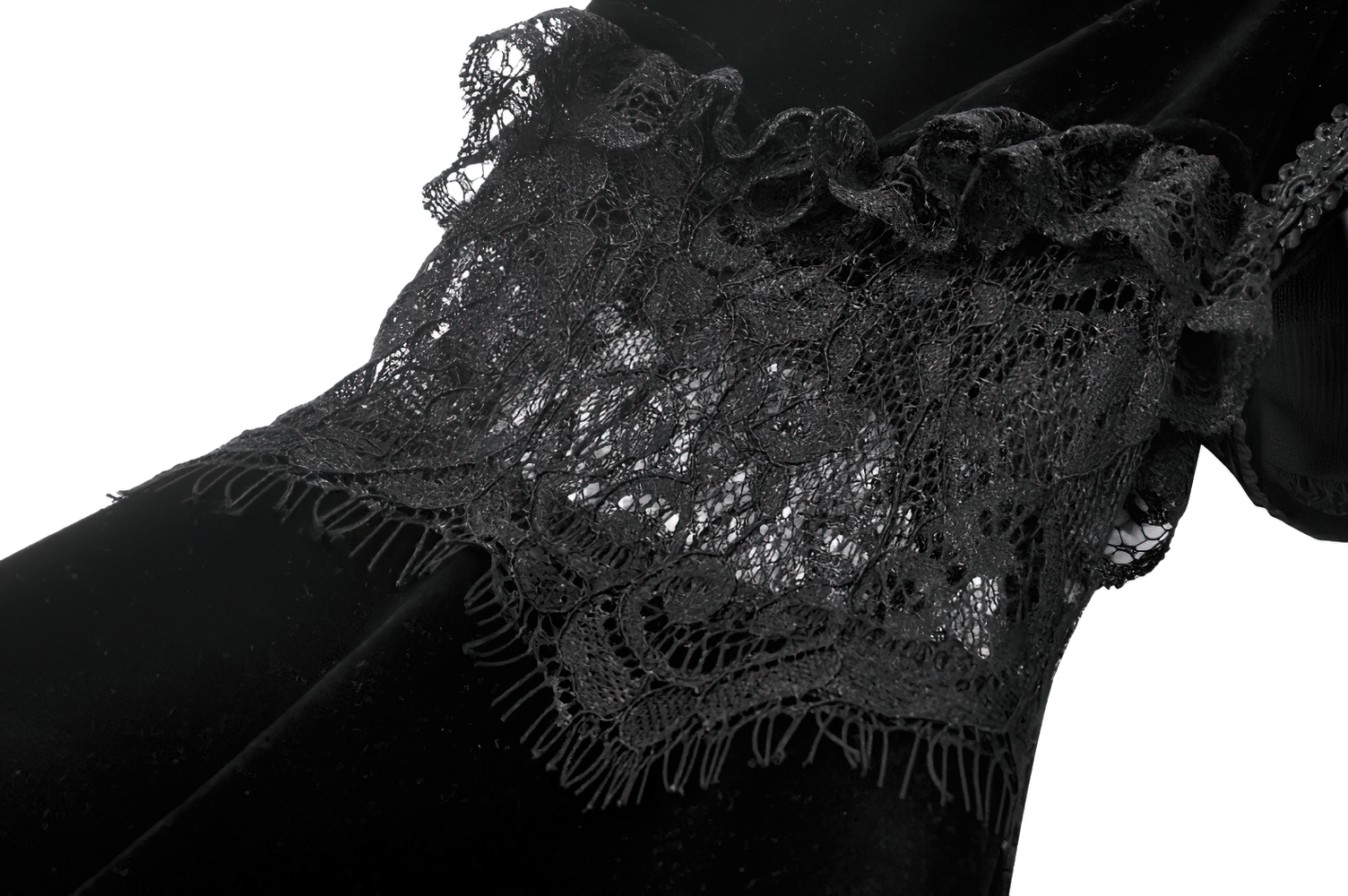 Close-up of lace trim on the Black Gothic Velvet Cape with Bell Sleeves and Lace Trim, highlighting intricate details.