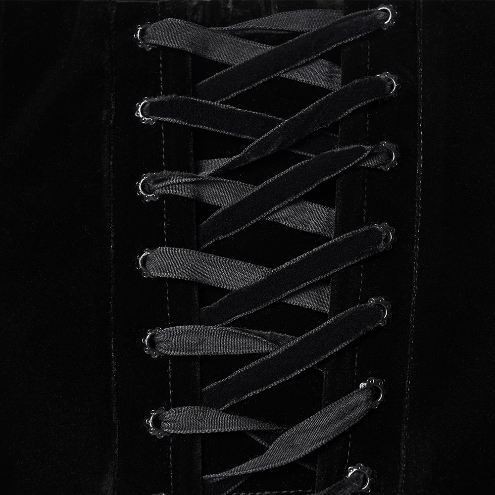 Black Gothic Velvet Corset with Rose Lace Detail lace-up back design showcasing intricate detailing.