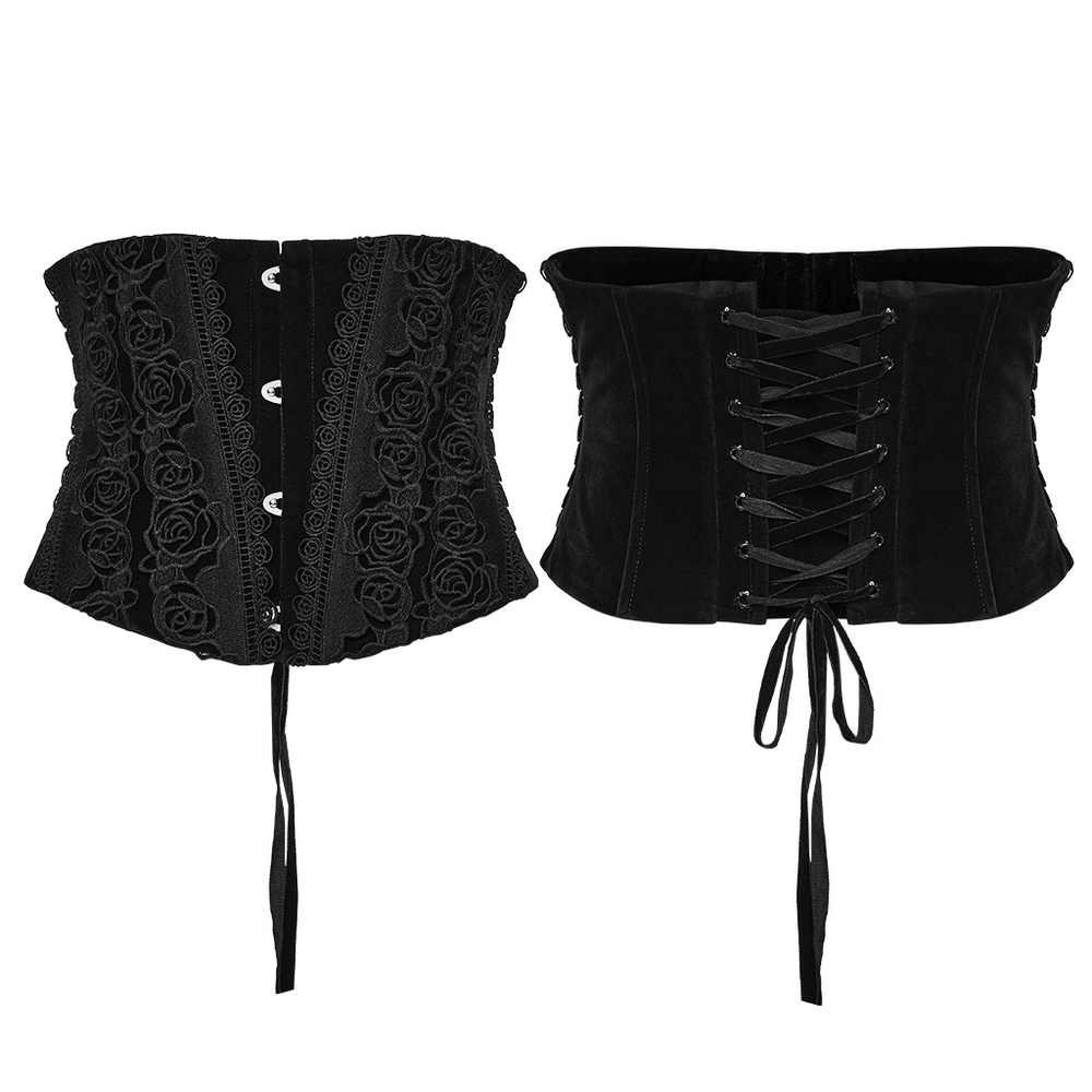Black Gothic Velvet Corset with Rose Lace Detail featuring lace embroidery and an adjustable lace-up back.