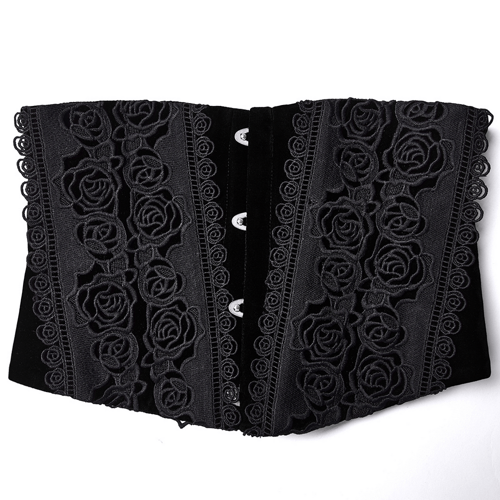 Black Gothic Velvet Corset with Rose Lace Detail featuring elegant rose lace embroidery and a lace-up back.