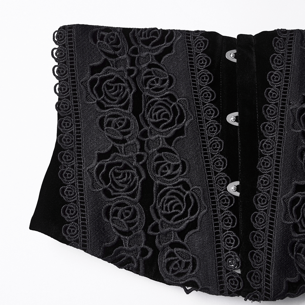 Black Gothic Velvet Corset with Rose Lace Detail showcasing intricate rose embroidery and lace-up back design.