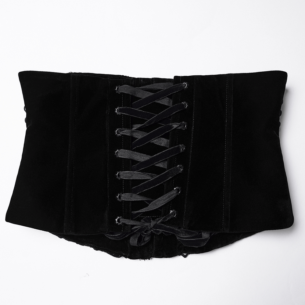Black Gothic Velvet Corset with Rose Lace Detail featuring a lace-up back and soft velvet design.