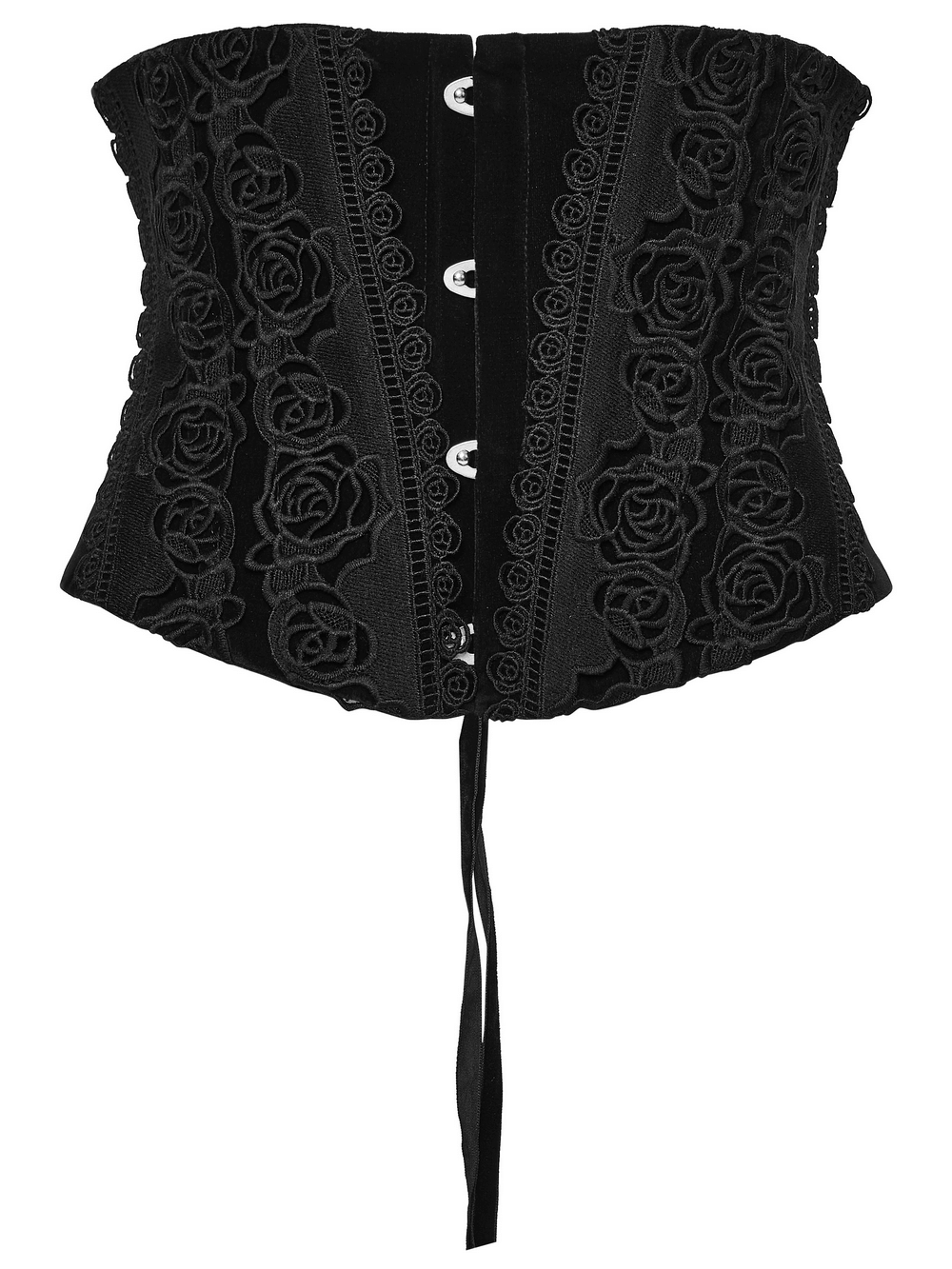 Black Gothic Velvet Corset with Rose Lace Detail featuring elegant rose embroidery and a lace-up back design.
