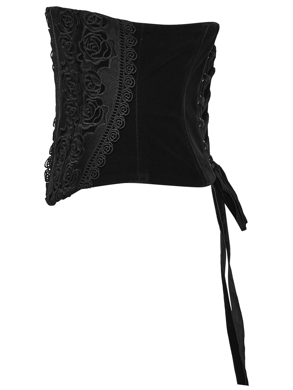 Black Gothic Velvet Corset with Rose Lace Detail showcasing exquisite rose lace embroidery and lace-up back design.