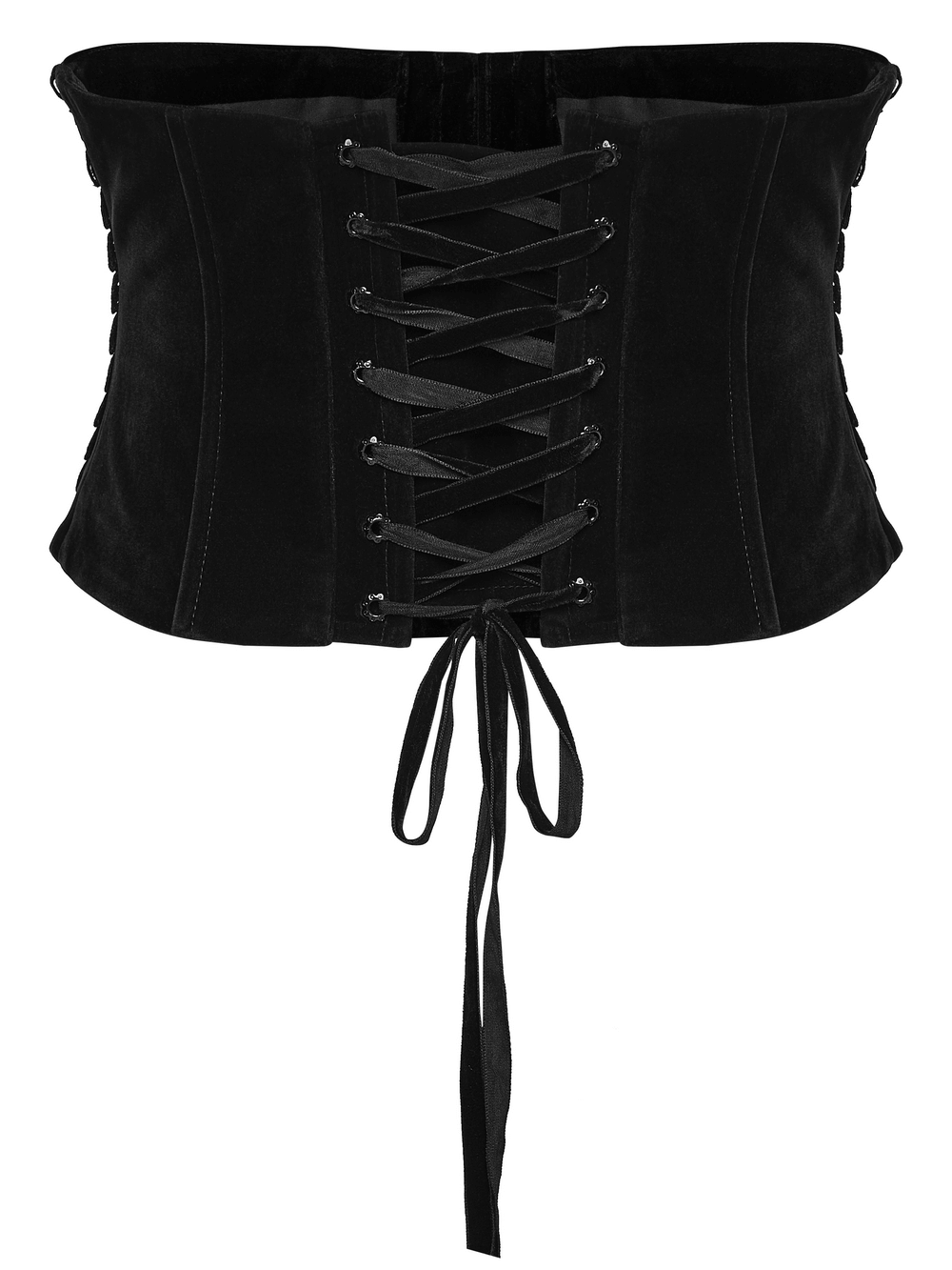 Black Gothic Velvet Corset with Rose Lace Detail featuring a lace-up back and elegant velvet design.